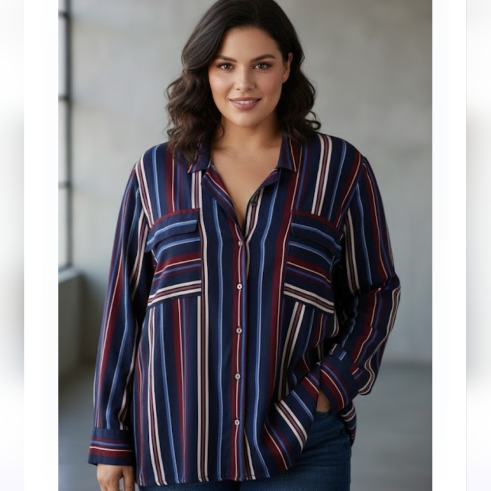 Addition Elle  Navy Multi-Stripe Button-Down Tunic Blouse, Plus Size 5X
